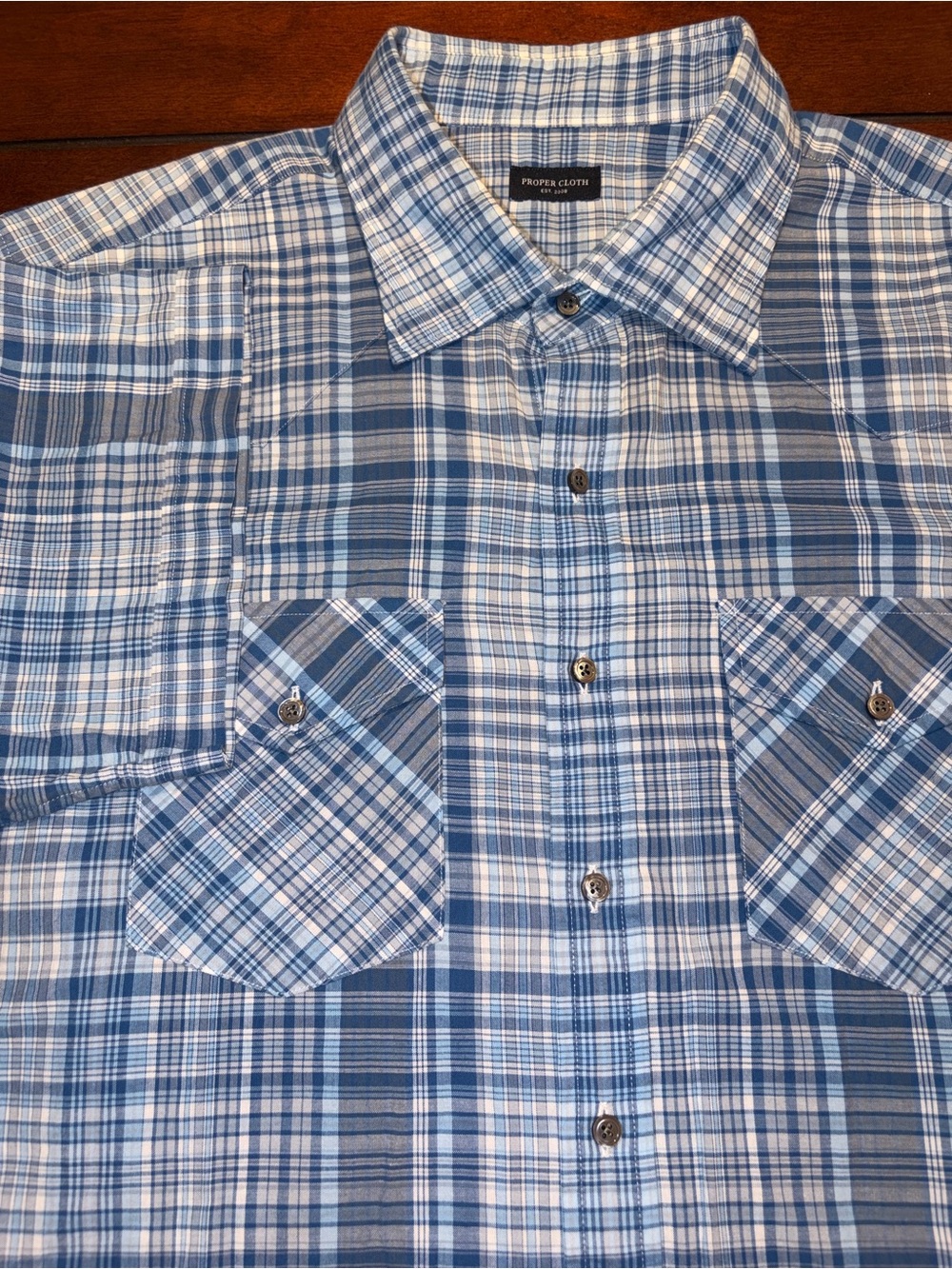 Proper Cloth Mens Button Down Tonal Blue Plaid Madras Cotton Short Sleeve in 19